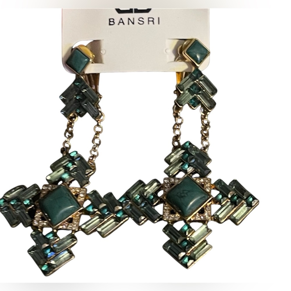 Bansri Green and Gold Statement Clip On Earrings with Crystals. NWT